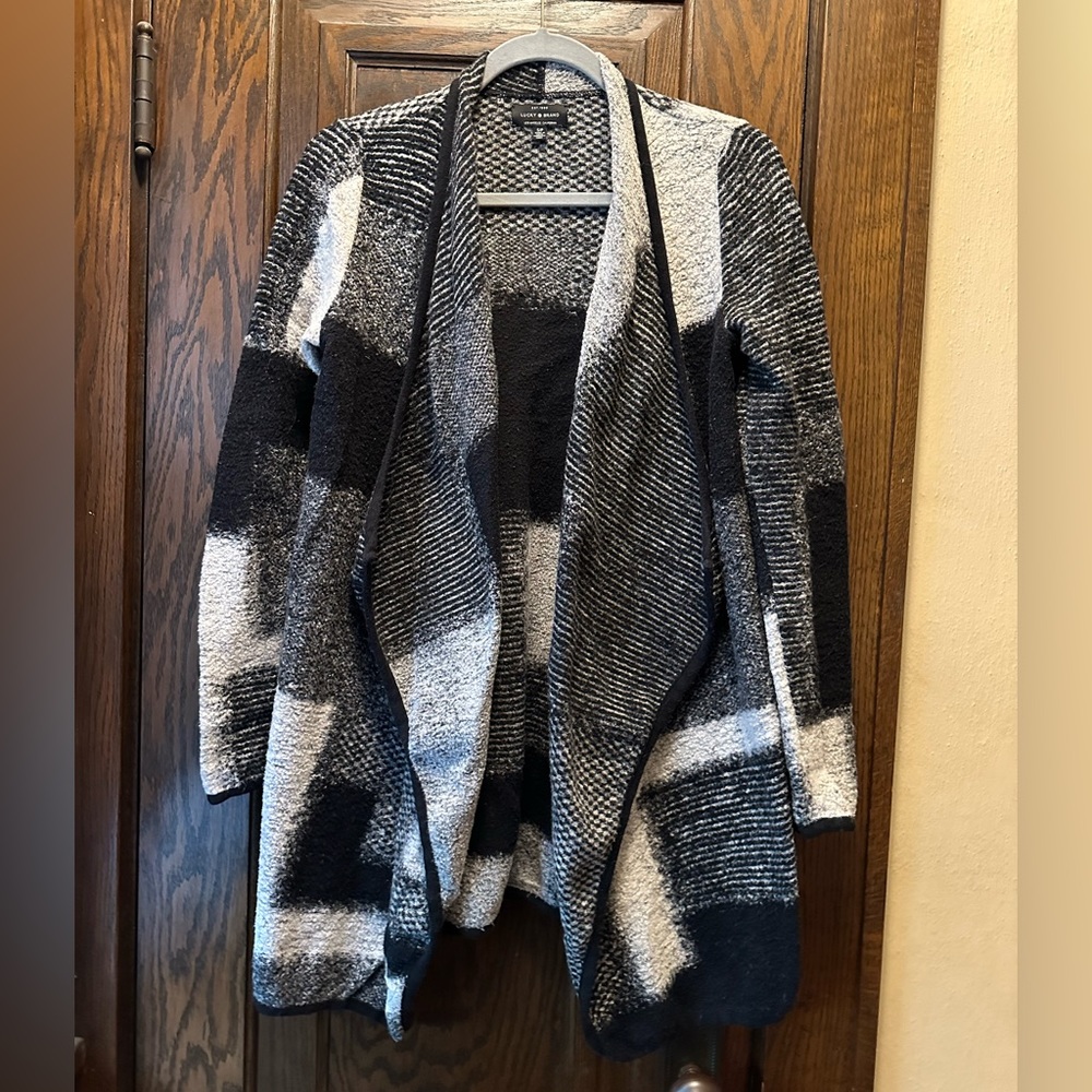 Lucky Brand Black & White Check Waterfall Cardigan, Size S